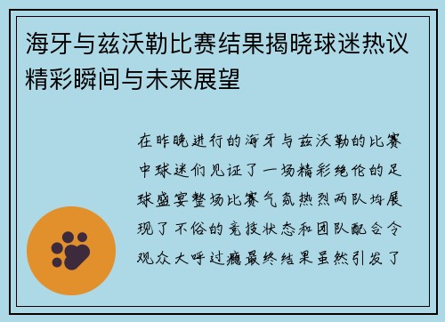海牙与兹沃勒比赛结果揭晓球迷热议精彩瞬间与未来展望